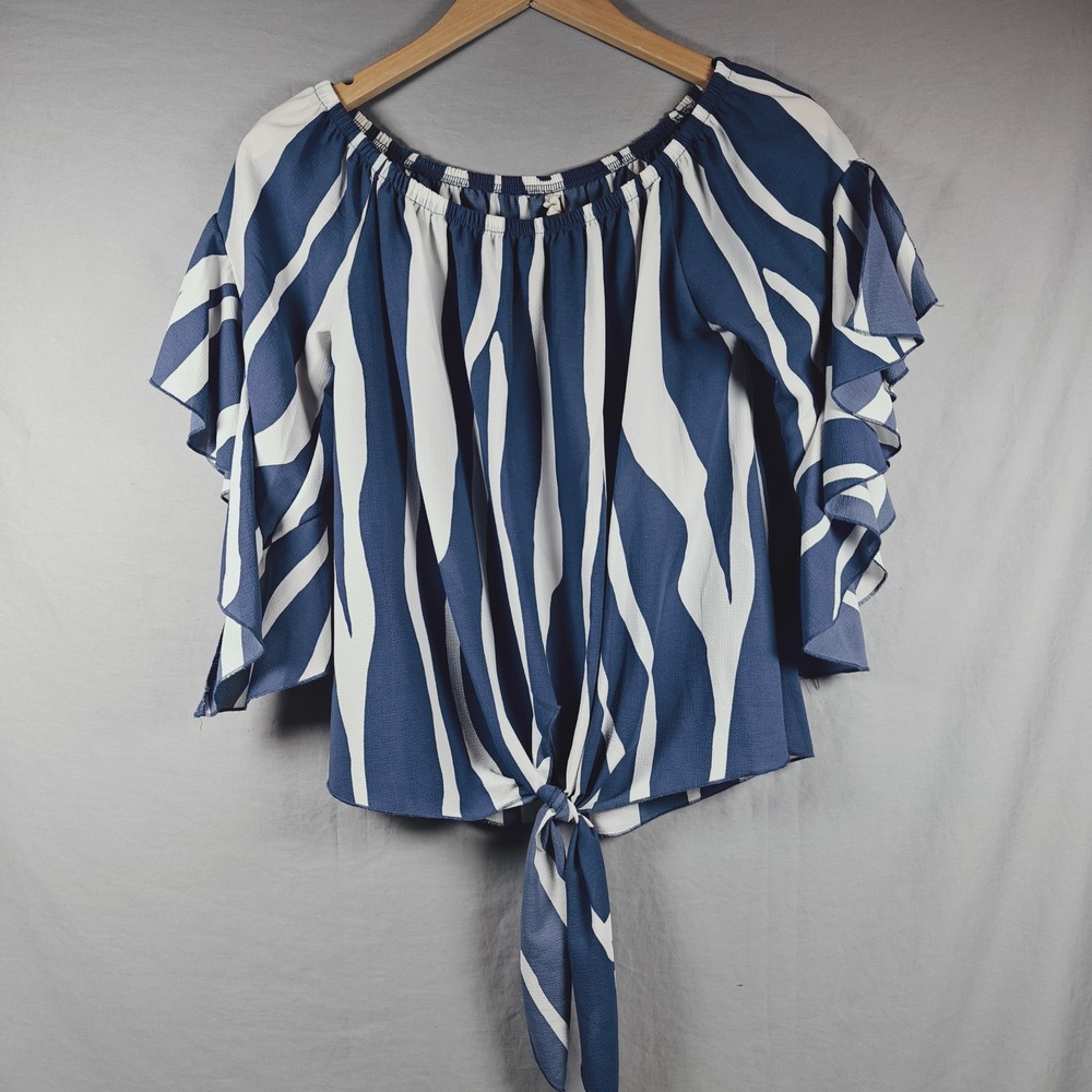 Tyche Blue White Zebra Print Off Shoulder Ruffle Sleeve Tie Front Top S T-3648